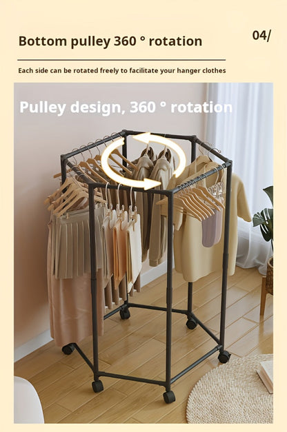 Rotating Hexagonal Garment Rack with Six-Sided Hanging Frame, Casters and Black or White Mesh-Bag Options