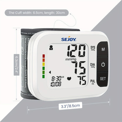 Blood Pressure Monitor by SEJOY, Wrist LCD Device with Included Strap and Battery Color Options