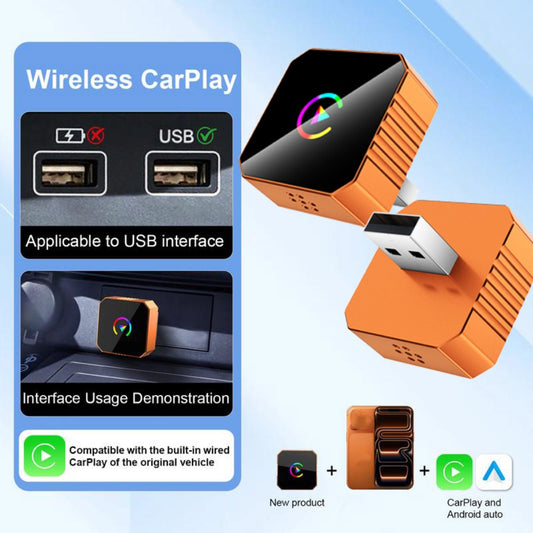 Wireless CarPlay Android Auto Adapter USB Dongle Plug-and-Play Compact Design for Vehicles with Wired CarPlay or Wired Android Auto, Hands-Free Smartphone Connection, Orange & Black