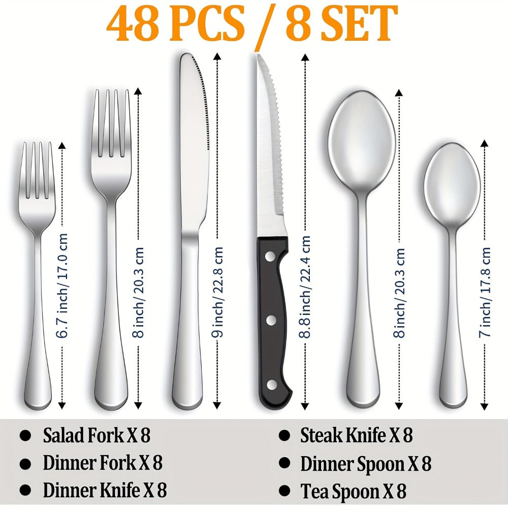 Stainless Steel Flatware Set with Steak Knives – 24/48 Piece Silverware Set Service for 4 or 8, Mirror Polished Cutlery, Dishwasher Safe, Silver & Black