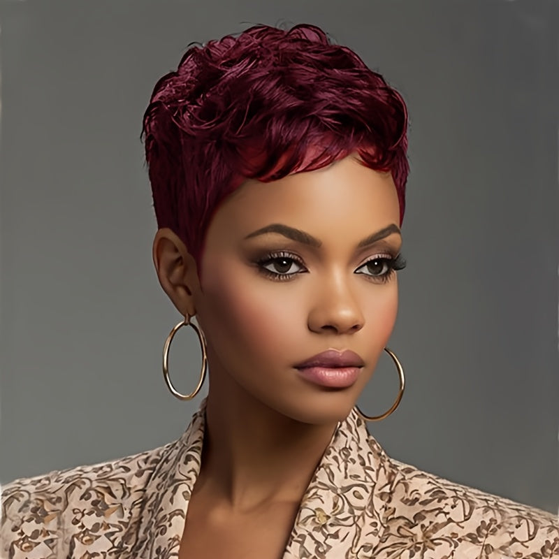 Layered Pixie Wig with Bangs Body Wave Rose Net Cap 4 Inch Synthetic Multi Color Black Burgundy Brown Red for Women Low Maintenance Casual Formal Daily Wear Party