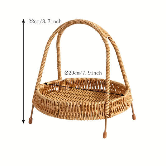 Wire Frame Storage Basket - Hand-Woven Imitation Rattan with Solid Iron Structure, Open-Top Organizer Bin for Fruits Shelf Kitchen Gifts, Rustic Farmhouse Style