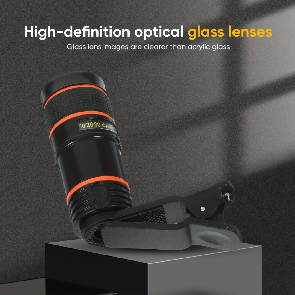 Twelve-Times Clip-On Telephoto Lens for Smartphones with Adjustable Focus and Pictured 3.2 cm Body Width