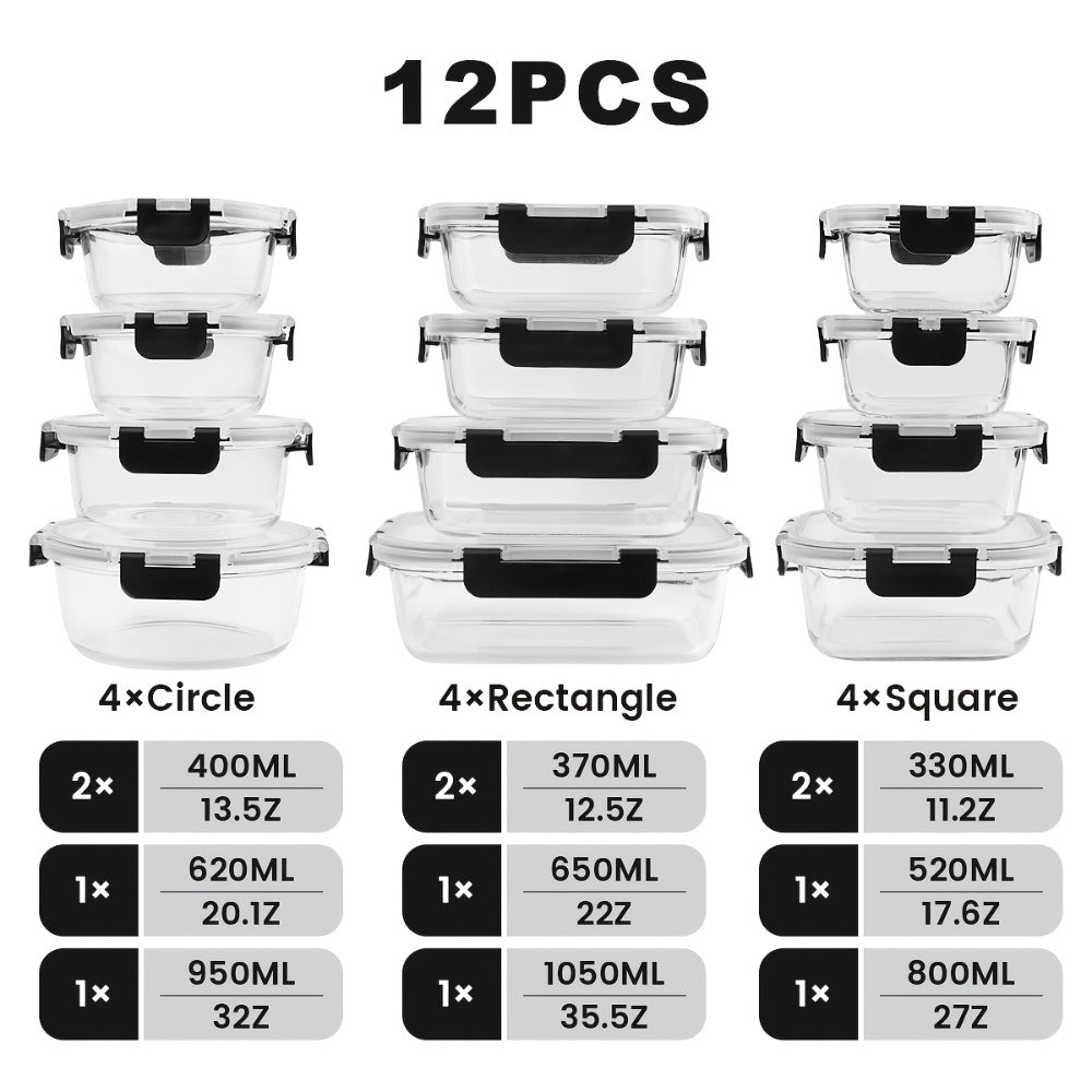 Food Storage Containers 12-Piece Glass Set with Clip-On Lids for Microwave, Oven, Freezer and Dishwasher Use