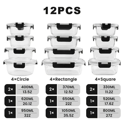 Food Storage Containers 12-Piece Glass Set with Clip-On Lids for Microwave, Oven, Freezer and Dishwasher Use