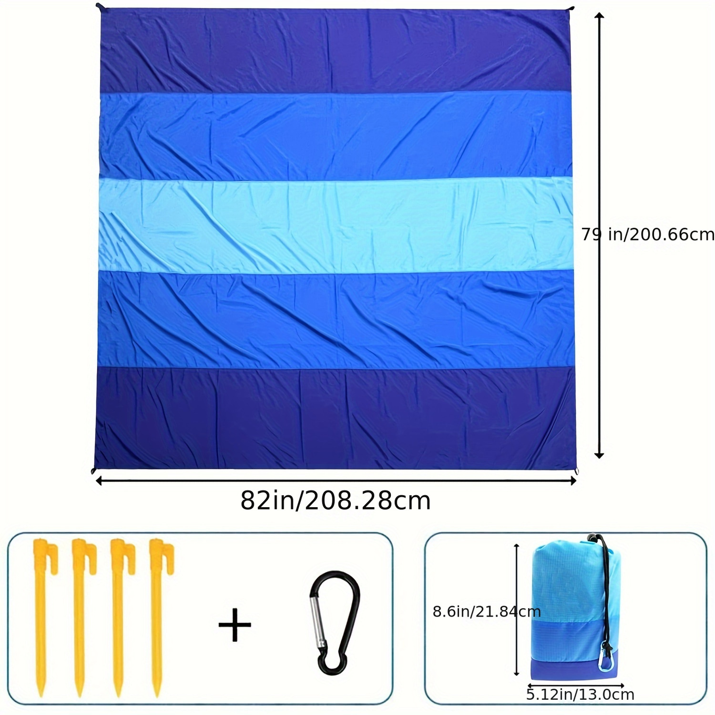 Blue Nylon Beach Mat with Four Stakes, Carabiner and Carry Pouch, 82 x 79in in Two Checkout Labels