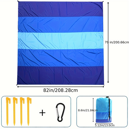 Blue Nylon Beach Mat with Four Stakes, Carabiner and Carry Pouch, 82 x 79in in Two Checkout Labels