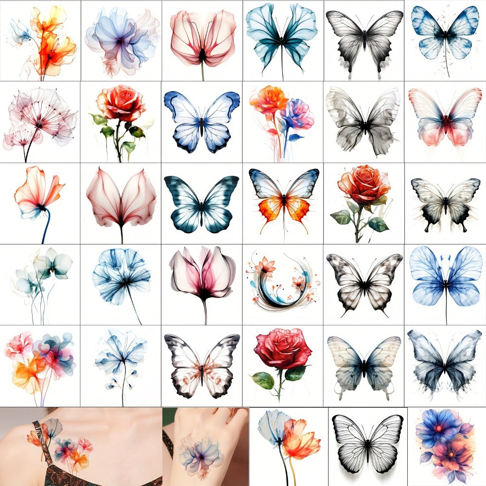 Temporary Tattoos GLARYYEARS 45-Sheet Watercolor Floral Set with 12 Large and 33 Small Designs for Arm, Wrist and Shoulder