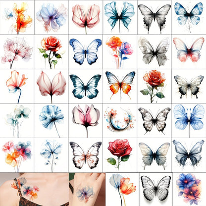 Temporary Tattoos GLARYYEARS 45-Sheet Watercolor Floral Set with 12 Large and 33 Small Designs for Arm, Wrist and Shoulder