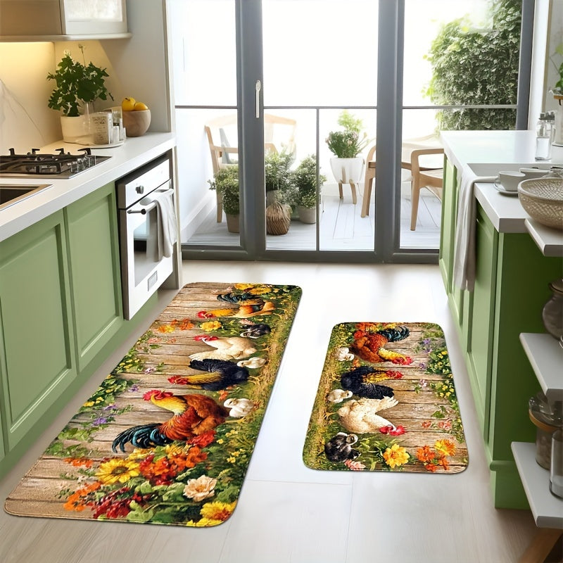 Rooster Farmhouse Kitchen Rugs in Round, Runner and 1- to 4-Piece Mat Set Size Options for Floors