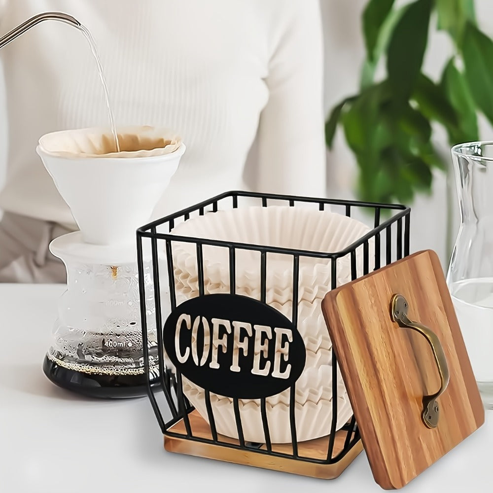 Square Metal Coffee Pod and Filter Storage Basket with Wood Lid and Base, Black Finish and Two Label Options