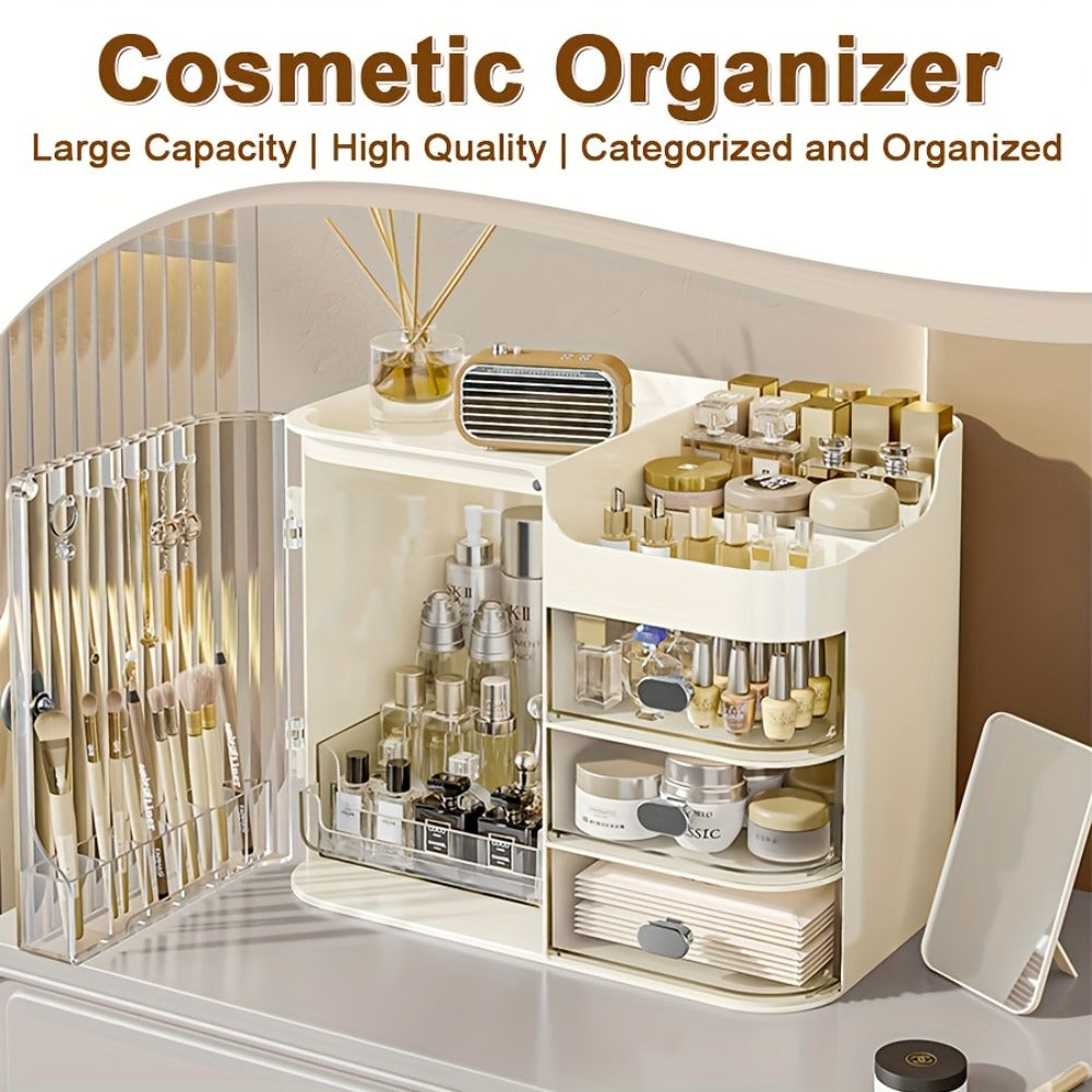 Three-Drawer Makeup Organizer with Mirror in Transparent Black or Cream White Large Checkout Options