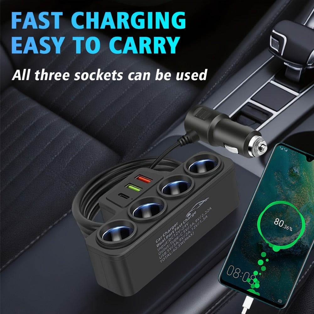 Car Power Splitter with Four 12V Sockets, USB-C, Dual USB-A and 72cm Cord for 12V/24V Vehicles