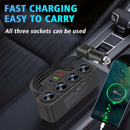 Car Power Splitter with Four 12V Sockets, USB-C, Dual USB-A and 72cm Cord for 12V/24V Vehicles