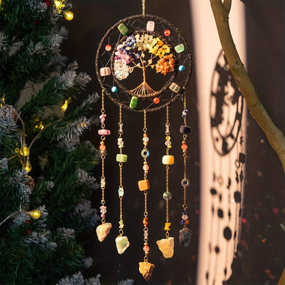 Crystal Wind Chime Suncatcher with Life Tree Pendant - Handmade Bohemian Shattered Stone Woven Hanging Decor for Outdoor Garden Window Porch, Christmas Wedding Birthday New Year Gift