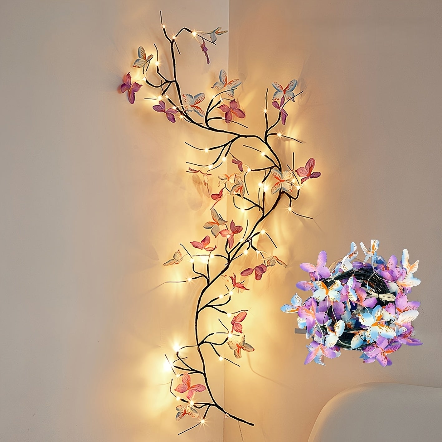 Butterfly Branch String Lights – 30 LED Vine Fairy Lights with Artificial Purple-Blue Butterflies, 8 Lighting Modes, USB Powered Warm White, Boho Wall Decor for Bedroom Wedding Birthday Party Festival
