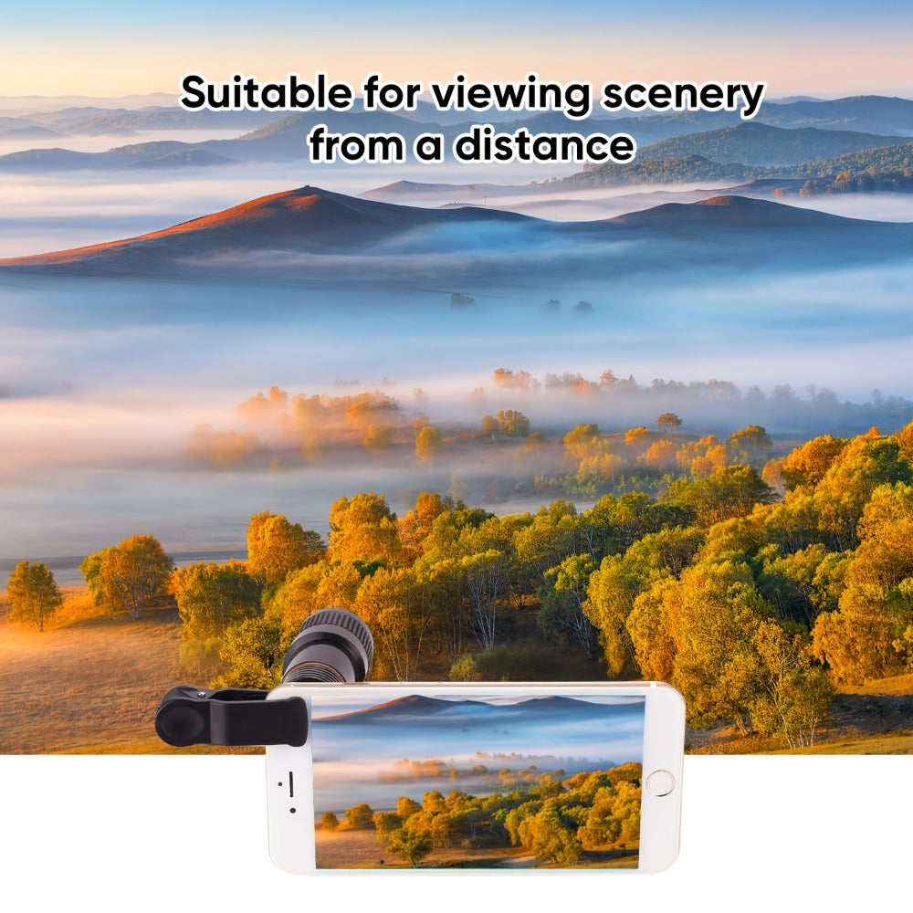 Twelve-Times Clip-On Telephoto Lens for Smartphones with Adjustable Focus and Pictured 3.2 cm Body Width