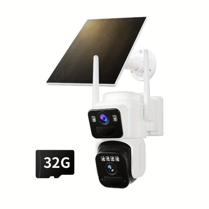 Security Camera Dual-Lens Solar Model with PIR Detection, Two-Way Audio, Spotlight Alarm and TF Card Options
