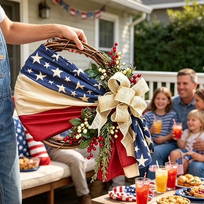 Red, White and Blue Patriotic Door Wreath with Flag Ribbon, Berries and Bow for Seasonal Home Display