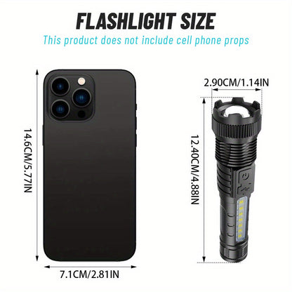 Flashlight Fresnel Lens Rechargeable Torch with 26650 Battery, USB-C Charging and Warning Tail Light