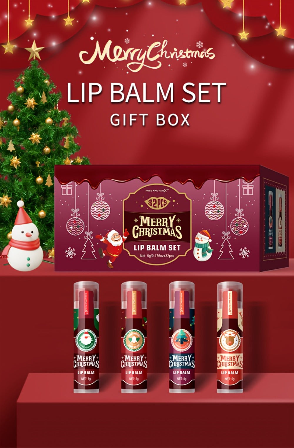 MISS FACTOR 32-Piece Lip Balm Set with Individually Capped Tubes in Red Christmas Gift Box