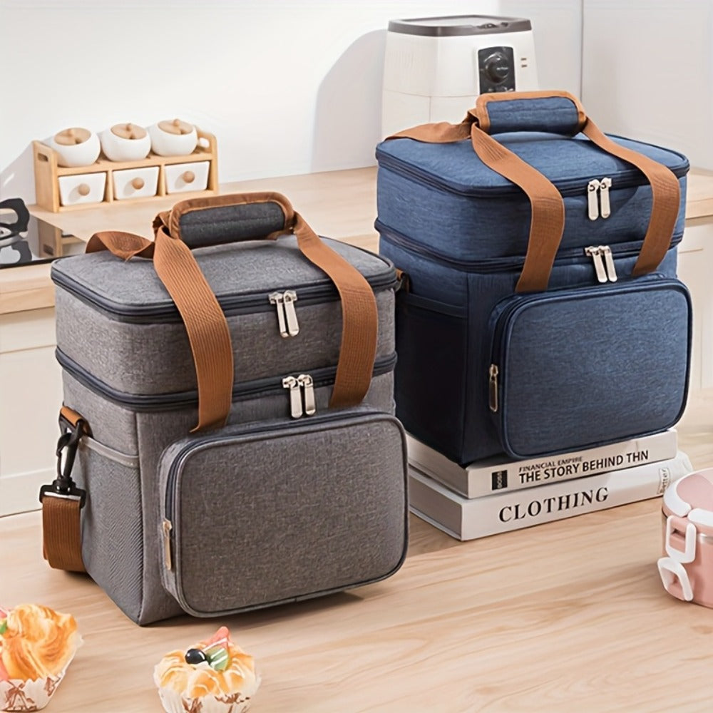 Double-Layer Lunch Carrier Bag with Shoulder Strap and One-Piece Checkout Options in Three Colors