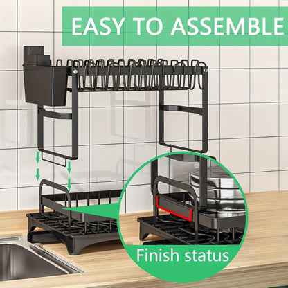 Two-Tier Dish Drying Rack, Compact Metal Countertop Drainer with Drainboard in Three Colors