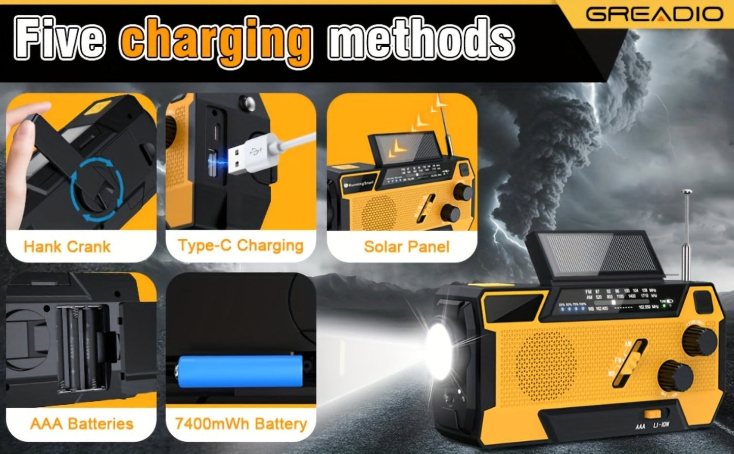 2000mAh AM/FM/NOAA Emergency Radio with Built-In Charging Cables, Solar Panel, Hand Crank and Three Colors