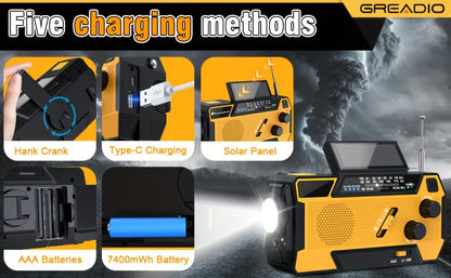 2000mAh AM/FM/NOAA Emergency Radio with Built-In Charging Cables, Solar Panel, Hand Crank and Three Colors