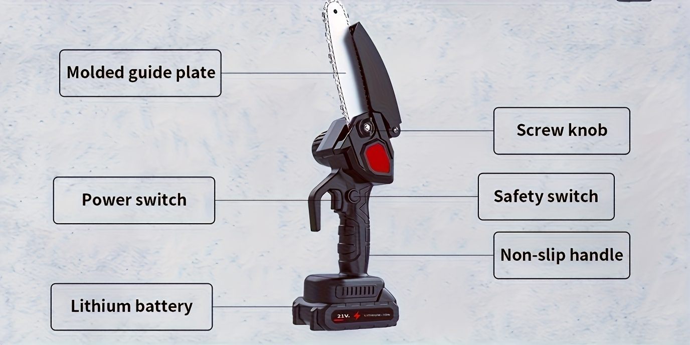 Electric Mini Chainsaw 6-Inch with Debris Guard & Toolbox - Cordless Handheld Pruning Saw with Safety Lock, Rechargeable Battery & Alloy Chain for Tree Pruning, Branch Cutting & Garden Use