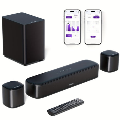 5.1 Surround Sound Bar System with Wired Subwoofer 2 Surround Speakers App Control SurroundX Technology 6 EQ Modes Optical AUX Home Theater TV Soundbar for Smart TV