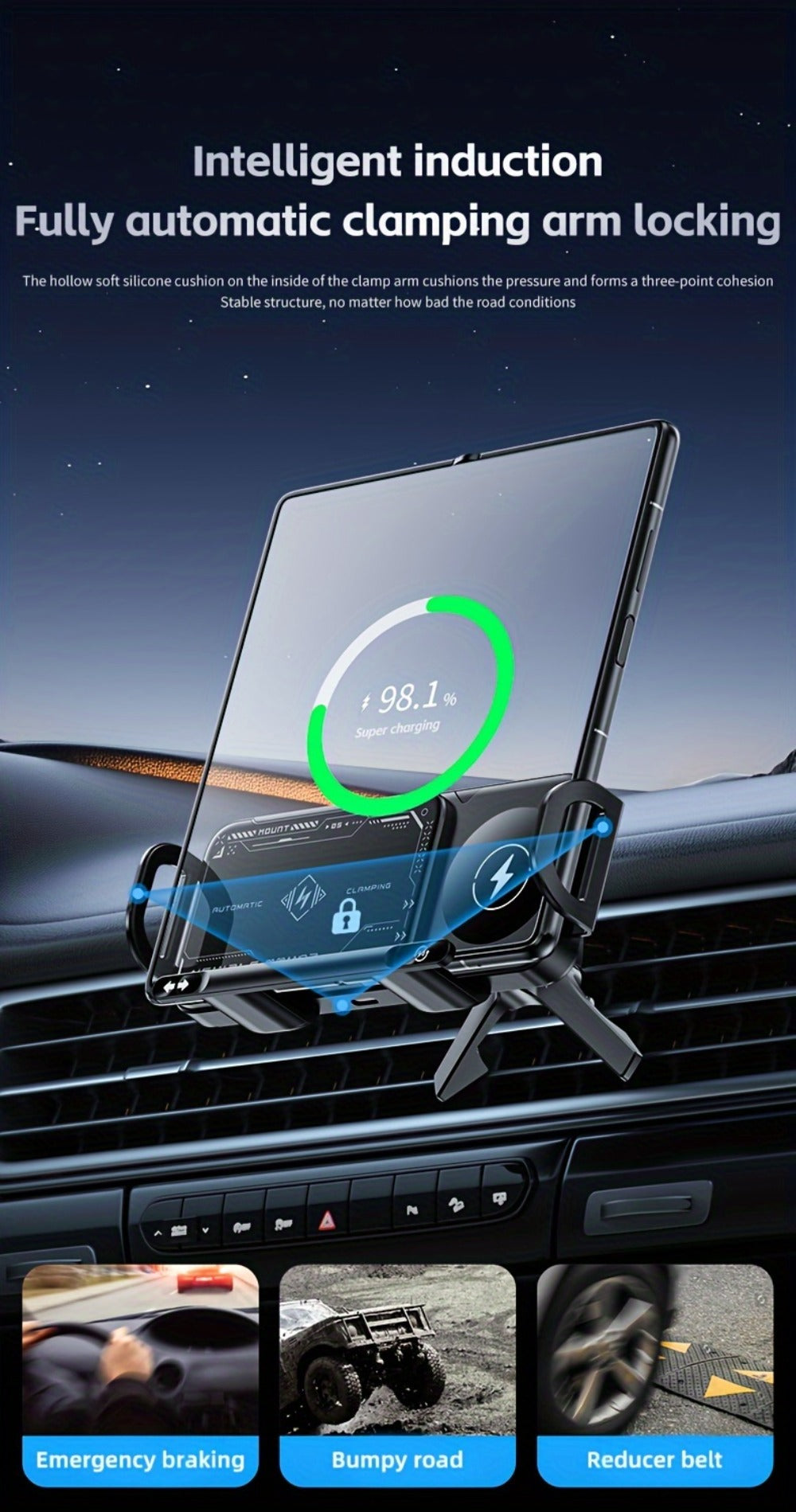 Wireless Charging Car Mount 15W Fast Charge – Universal Phone Holder for iPhone 15 14 13 12 11 8 X, Samsung Galaxy S24 S23 Note20 Fold 5 Fold 6, Supports Folding Screen Smartphones
