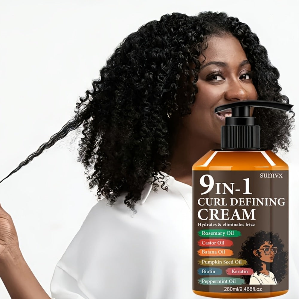 280ml 9-in-1 Curl Defining Cream in Pump Bottle with Pictured Botanical Ingredient Blend for Wavy Hair