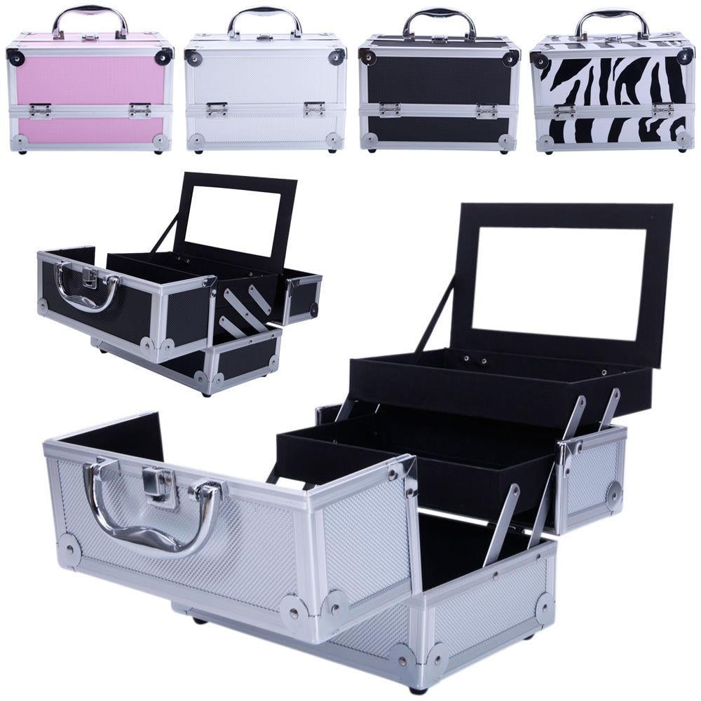 Tabletop Makeup Carry Case with Mirror, Fold-Out Trays and Dividers in Black, Silver or Pink
