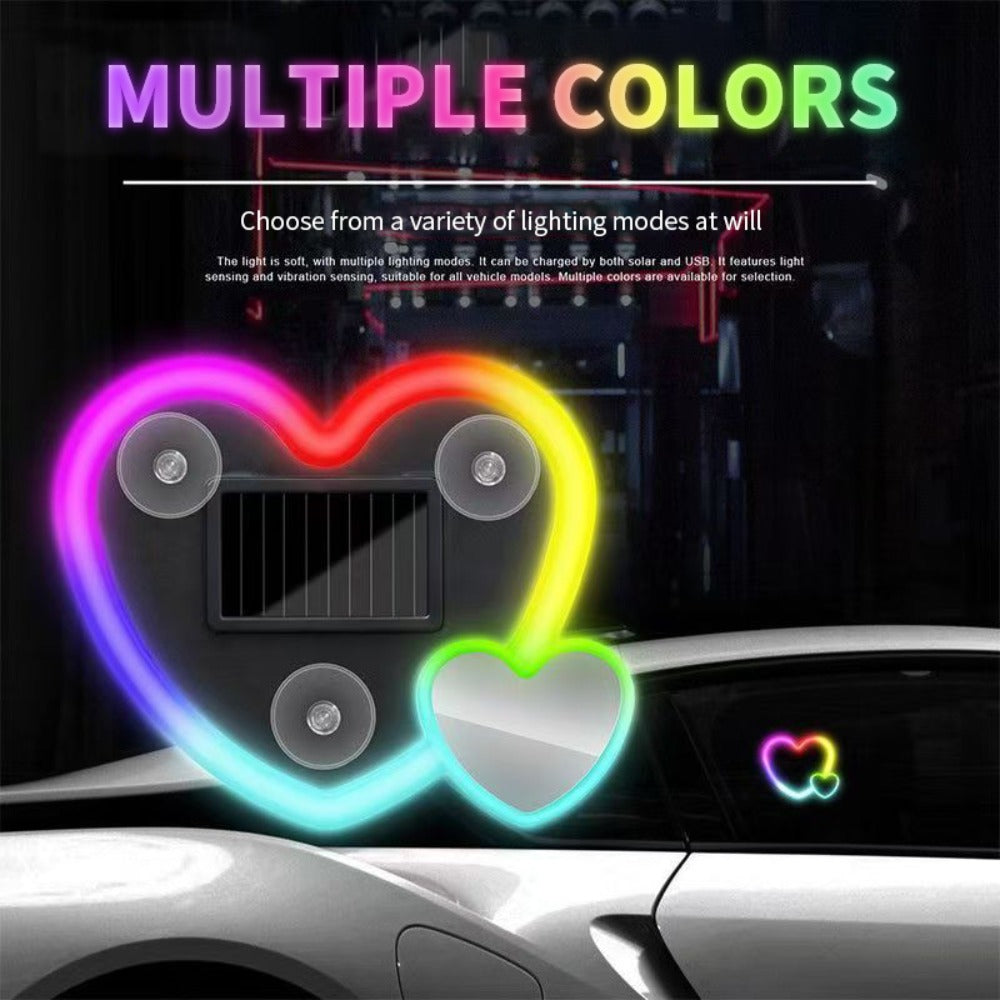 Car Interior Neon Heart Lights Solar USB Rechargeable 5 Lighting Modes Vibration-Sensing Auto On/Off Dashboard Decoration for Cars Trucks SUVs, 2pcs Set Iridescent Pink Blue Red Ice Blue Gift