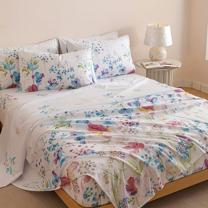 Four-Piece Floral Polyester Sheet Set with Fitted and Flat Sheets, Two Pillowcases and Four Sizes