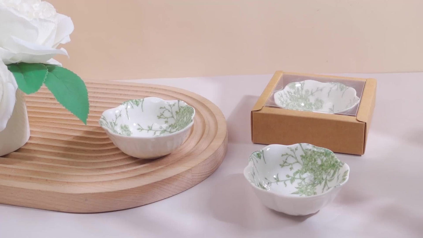 80-Pack 3.3 Inch Green Ceramic Mini Dipping Bowl Favor Set with Cards and Boxes for Weddings