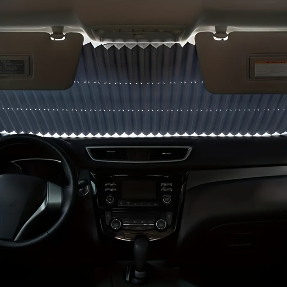 Retractable Windshield Sunshade Aluminum | Auto Fold UV Resistant Heat Insulation, Buckle Stick Install, Front Window Sun Shade Curtain for Car SUV Truck