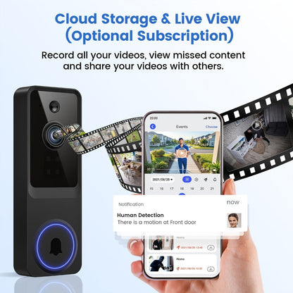 2K WiFi Doorbell Camera Wireless Smart Doorbell with AI Snapshot, Night Vision, Two-Way Intercom, Photo & Video Recording, Local Storage, Rechargeable Battery, Motion Detection, Black Linen