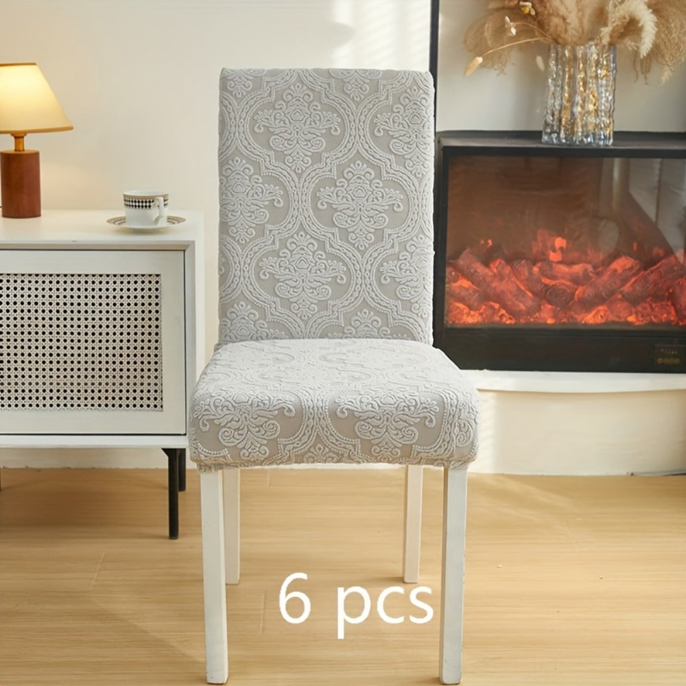 Paisley Stretch Velvet Dining Chair Covers in Off White, Light Gray, Deep Gray or Khaki, Four- or Six-Piece Sets
