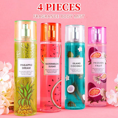 Body Spray for Women 4-Pack 8.4oz Each Hair Body Fragrance Mist Set 20 Floral Fruity Scents Daily Use Gift Value Bundle 250ml Per Bottle