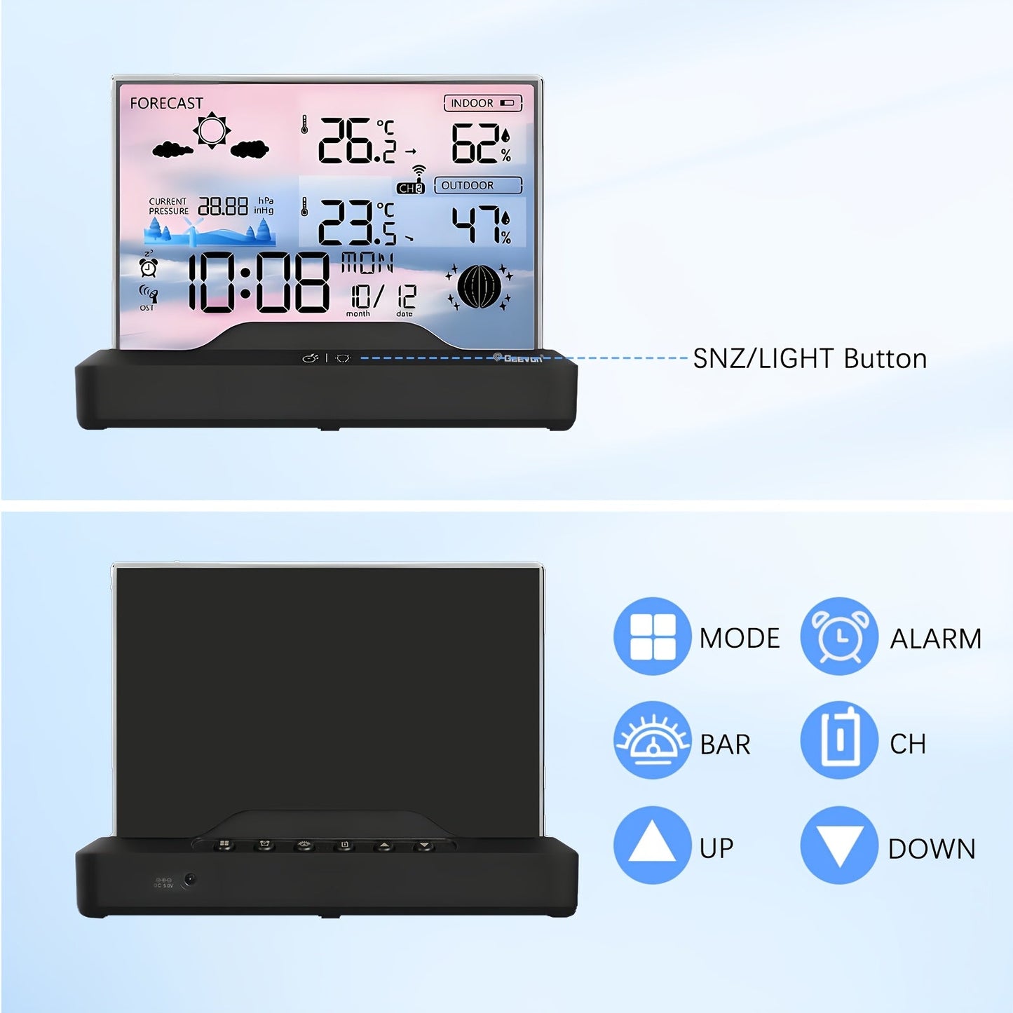Three-Channel Wireless Weather Station with 5.9-Inch Color Display, Barometer, Forecast and Alarm