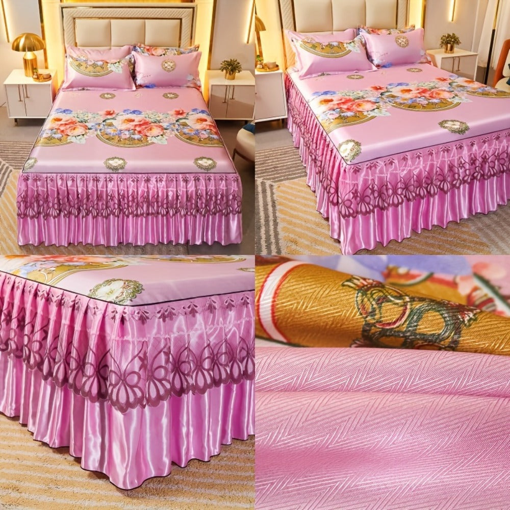 Ruffled Floral Bedspread Mat Set with Two Pillowcases, Twin to King Sizes and Four Pattern Choices