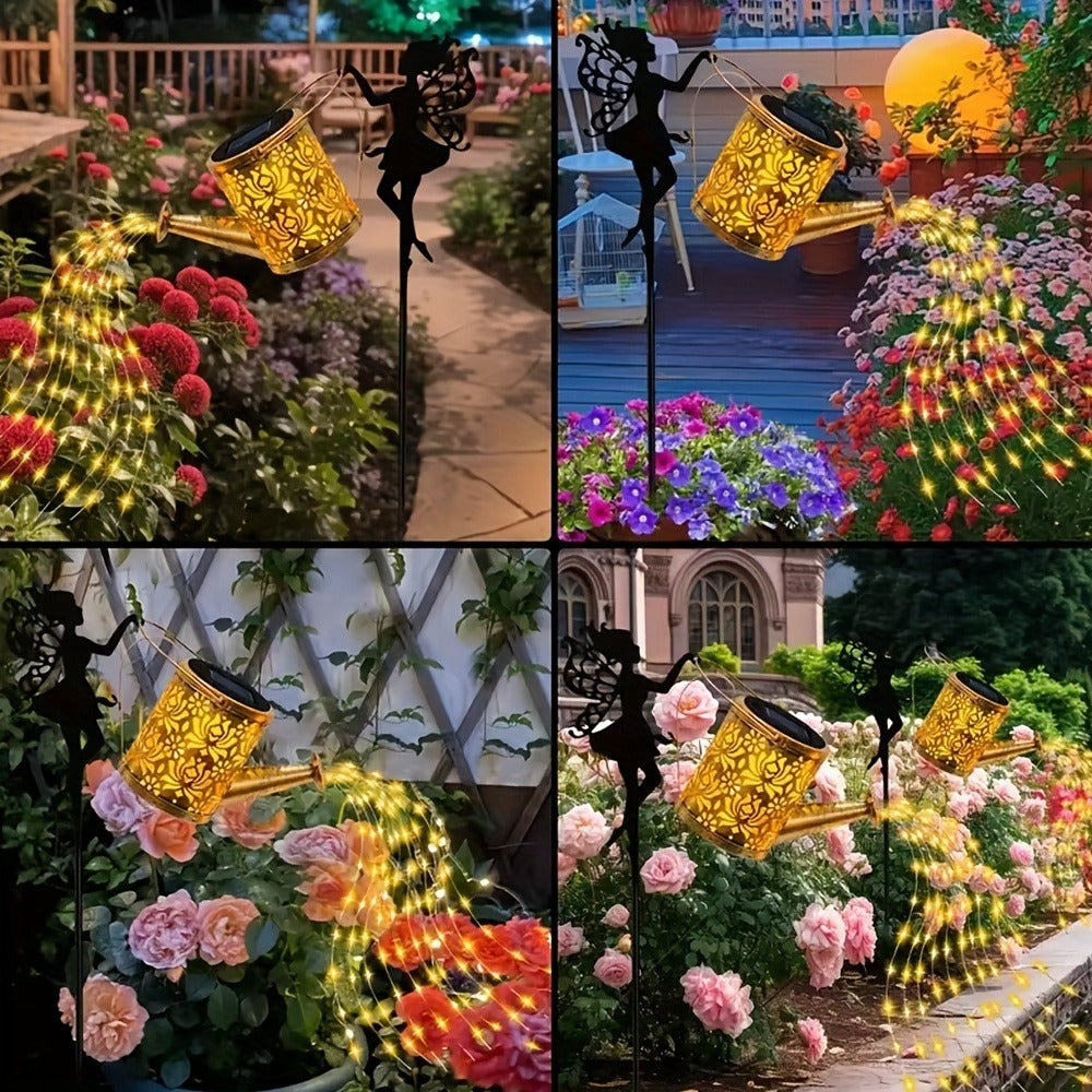 Solar Garden Light Watering Can Stake with 36 LED Waterfall Strands, IP65 Rating and Two Light Options