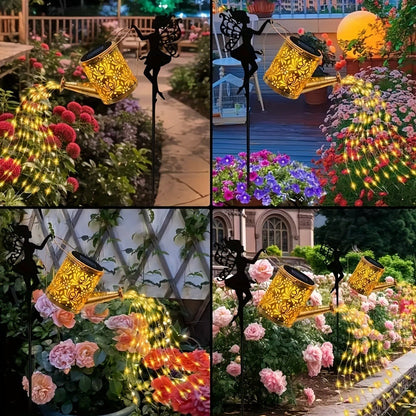 Solar Garden Light Watering Can Stake with 36 LED Waterfall Strands, IP65 Rating and Two Light Options