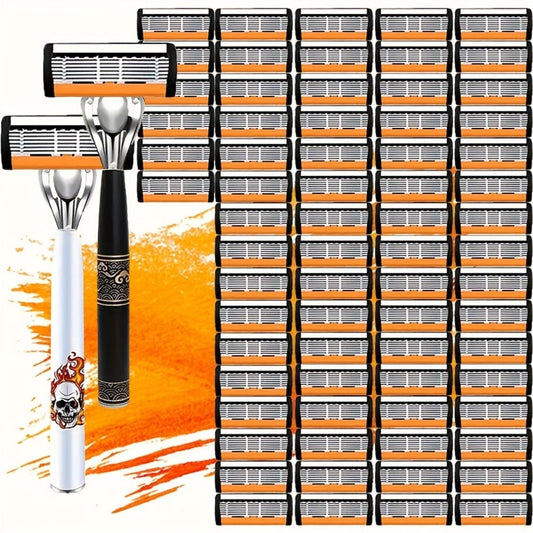 Beard Razor for Men 6-Layer Stainless Steel Blades Premium Metal Handle 36 Replaceable Blades – Mustache Grooming Shaver Ultra-Close Traditional Shaving Kit for Daily Use Gift for Him
