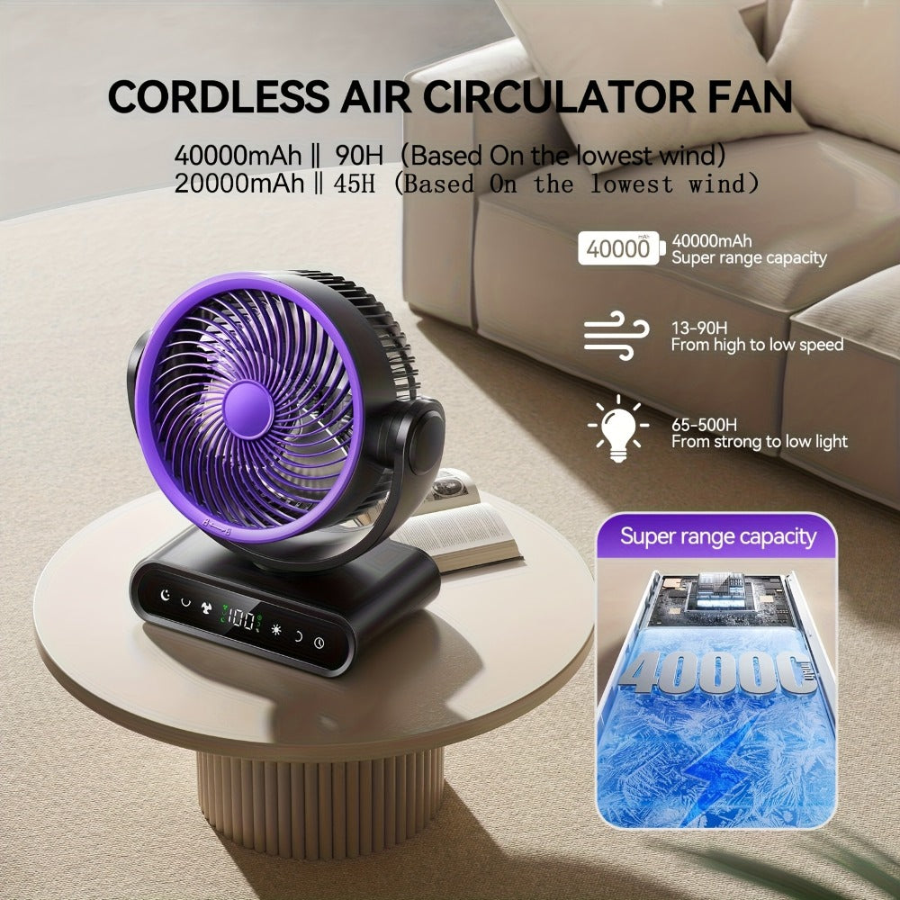 Camping Fan with LED Light Battery Powered 20000mAh 40000mAh 9-Inch 5-Speed Remote Control 90° Tilt 120° Oscillating Quiet Air Circulator for Outdoor Home