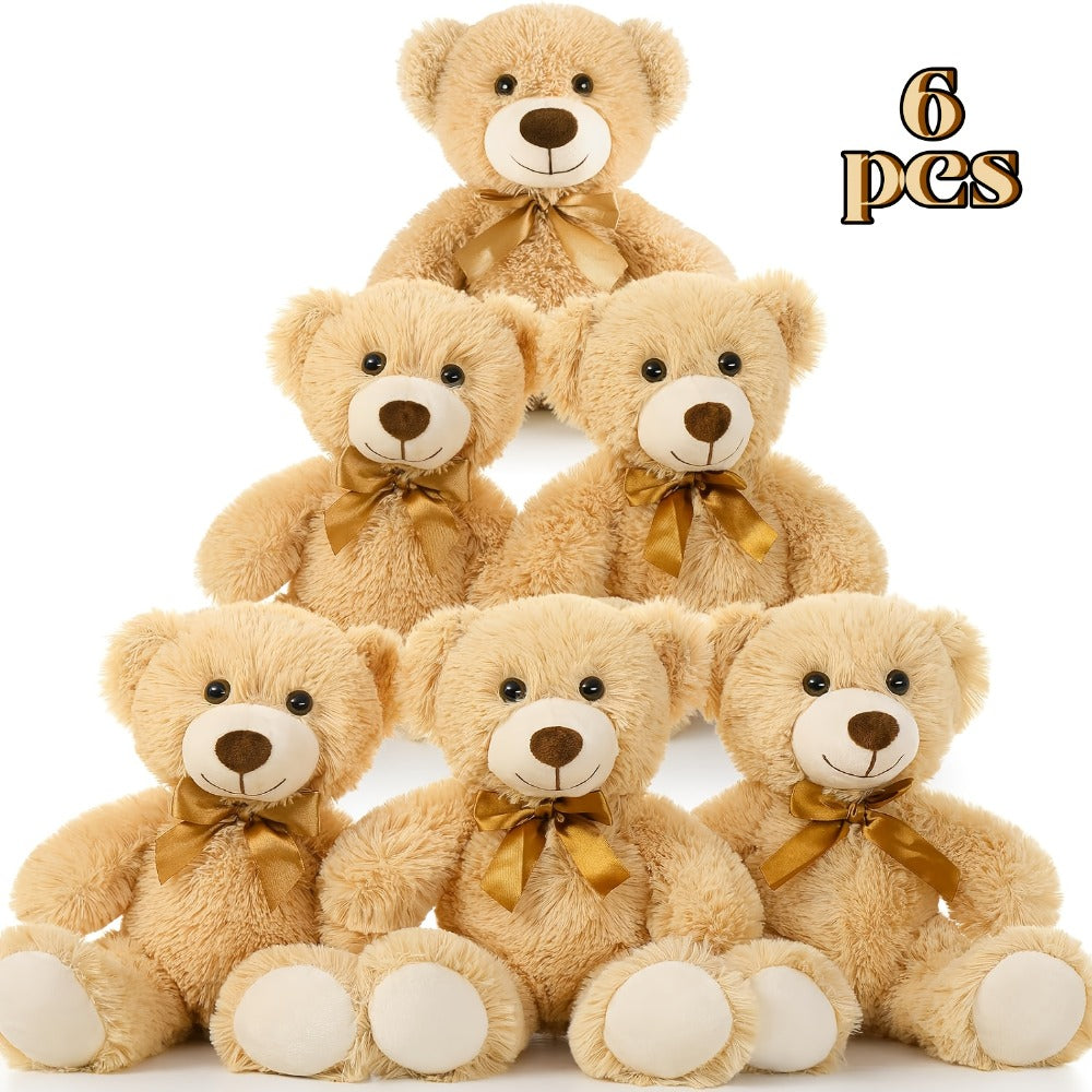 Stuffed Animal Mini Teddy Bear Set of Six in Khaki Beige for Party Favors and Classroom Prizes