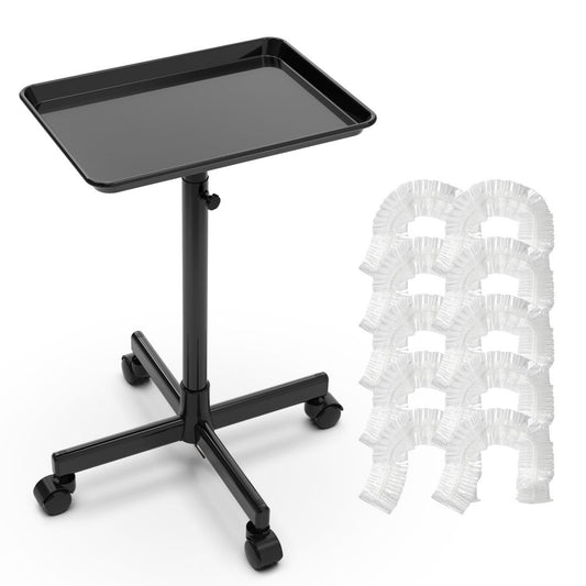 Rolling Salon Tray Cart with 10 Disposable Covers & Adjustable Height – Black Dirt-Proof Mobile Utility Trolley for Tattoo Artist, Spa, Esthetician & Hairstylist