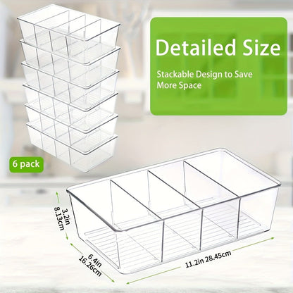 Six-Piece Clear Pantry Organizer Bin Set with Removable Dividers for Cabinets, Fridges and Shelves
